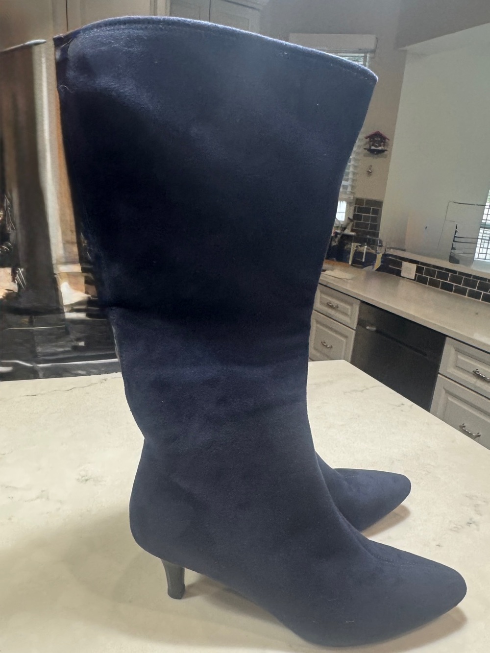Impo Navy Suede Mid-Calf Pointed Toe Kitten Heel Boots Size 8W